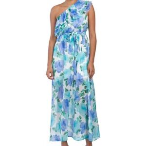 One shoulder, long floral dress